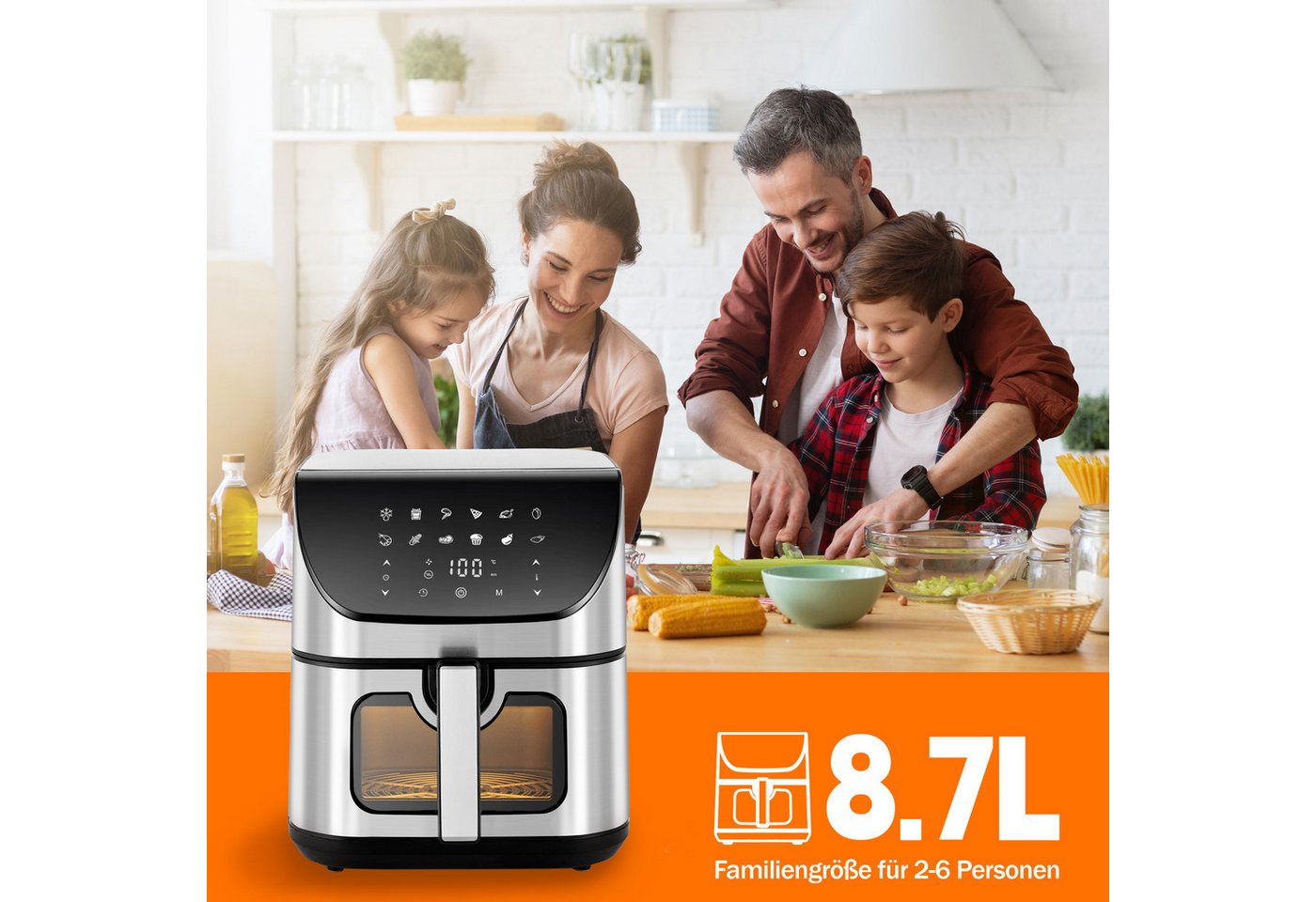 Sinaopus Heißluftfritteuse 8,7L XXL Airfryer, digitale Fritteuse ohne Öl, gesundes Kochen mit weniger Öl, Display, 80-200°, 1800,00 W, Großer Garraum für knusprige Gerichte mit Heißluft-Technologie