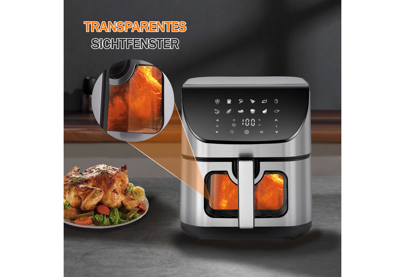 Sinaopus Heißluftfritteuse 8,7L XXL Airfryer, digitale Fritteuse ohne Öl, gesundes Kochen mit weniger Öl, Display, 80-200°, 1800,00 W, Großer Garraum für knusprige Gerichte mit Heißluft-Technologie Bild 3