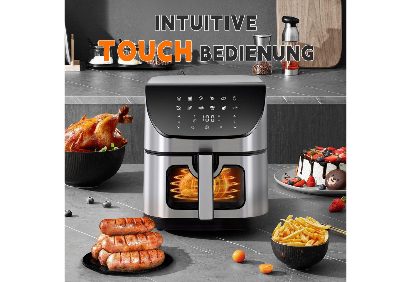 Sinaopus Heißluftfritteuse 8,7L XXL Airfryer, digitale Fritteuse ohne Öl, gesundes Kochen mit weniger Öl, Display, 80-200°, 1800,00 W, Großer Garraum für knusprige Gerichte mit Heißluft-Technologie Bild 5