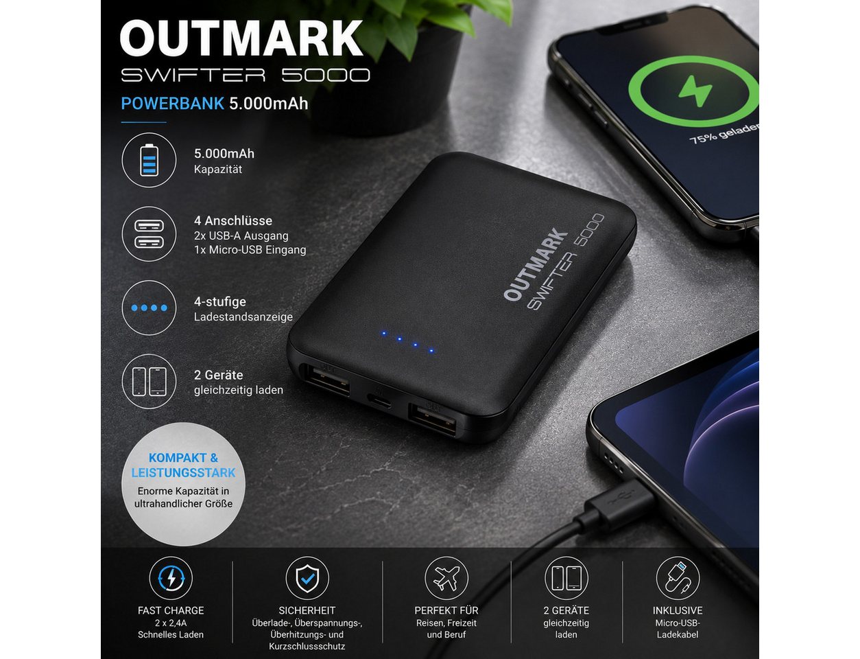 OUTMARK Swifter 5.000 mAh Powerbank Akku für unterweg Freizeit Powerbank