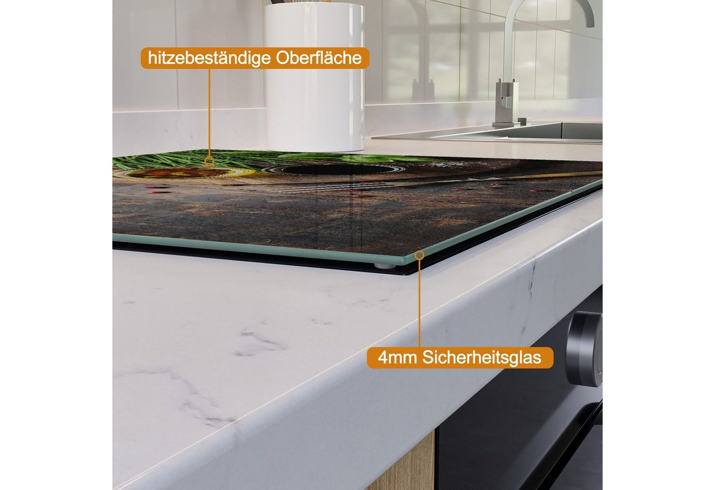 Wallario Herd-Abdeckplatte Kräuter, Öle und Gewürze auf einem Holzbrett, ESG-Sicherheitsglas, (Glasplatte, 2 tlg., inkl. 5mm Noppen), verschiedene Größen