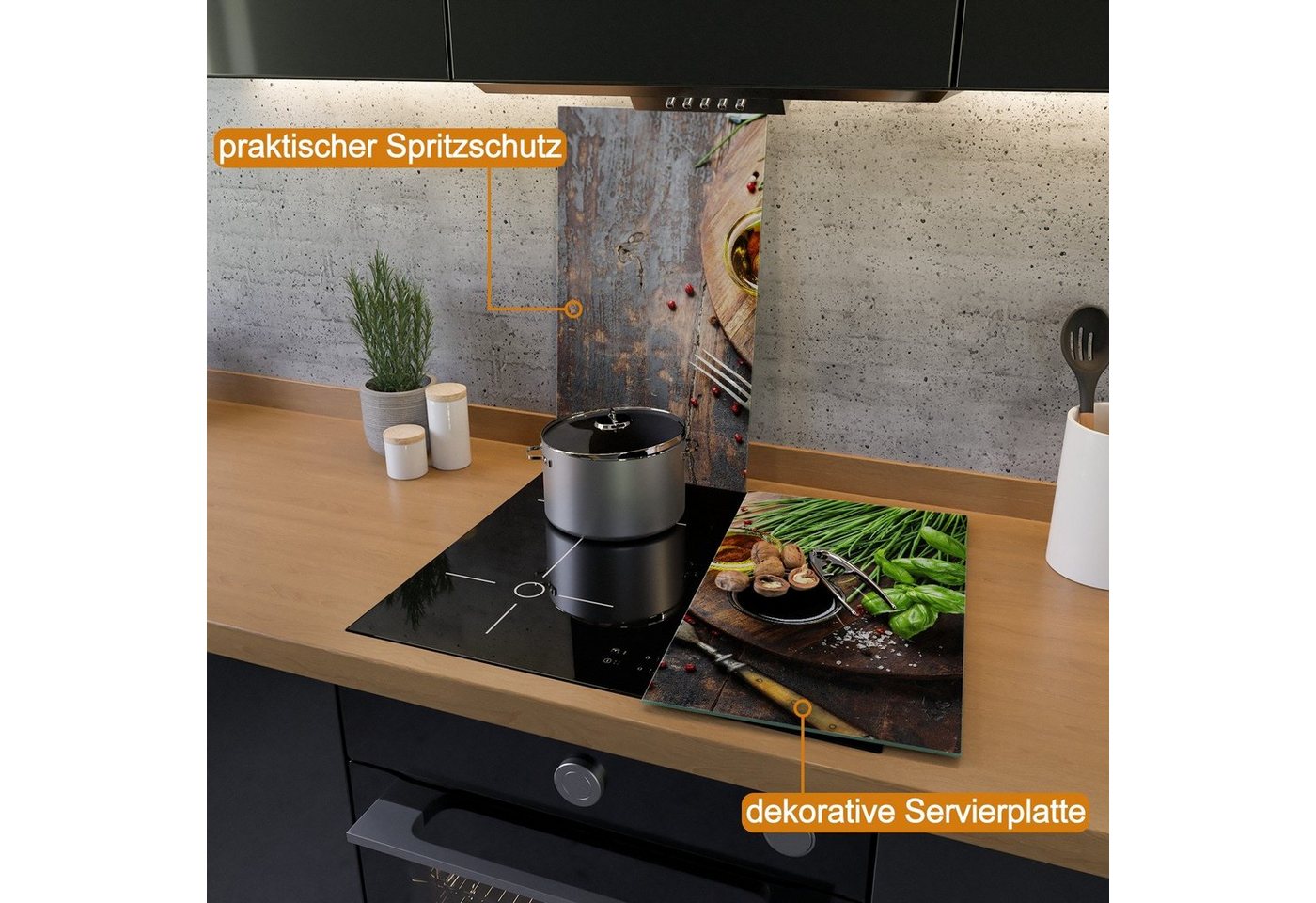 Wallario Herd-Abdeckplatte Kräuter, Öle und Gewürze auf einem Holzbrett, ESG-Sicherheitsglas, (Glasplatte, 2 tlg., inkl. 5mm Noppen), verschiedene Größen Bild 4