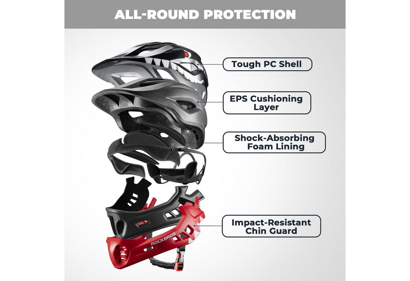 ROCKBROS Kinderhelm Integriert Fahrradhelm Kinder Jugend Fullface Helm, mit Abnehmbarem Kinnschutz BMX MTB Downhill Helm