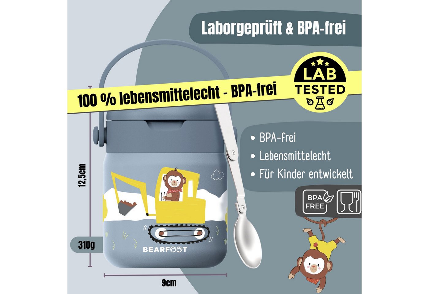 BEARFOOT Trinkflasche Thermobehälter Kinder Edelstahl - Bagger blau, Thermobehälter, auslaufsicher, Edelstahl, Food jar, BPA-frei Bild 2