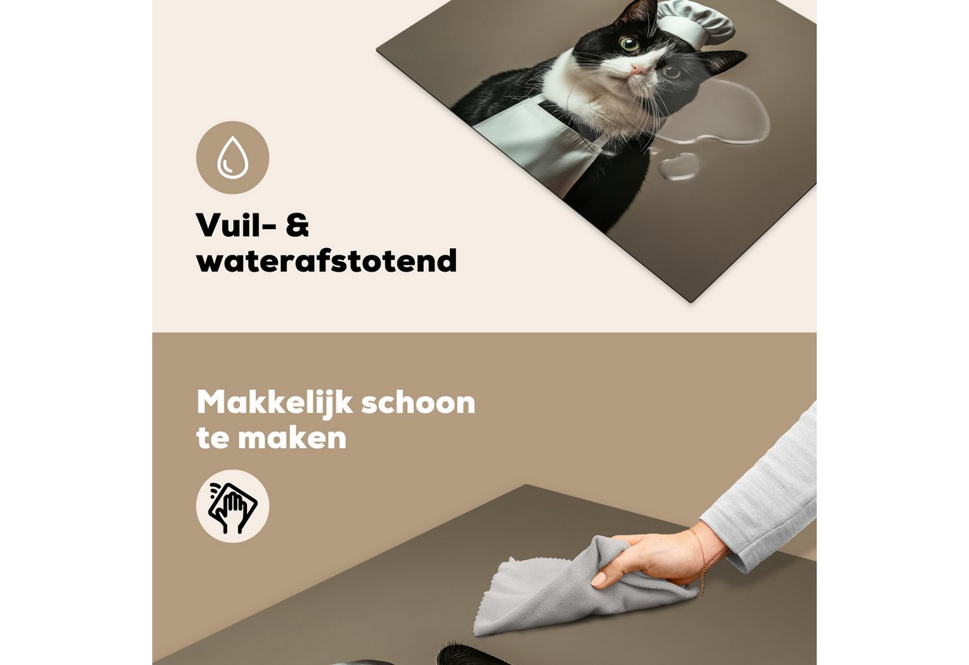MuchoWow Herd-Abdeckplatte Katze - Kochkleidung - Schwarz - Weiß, Vinyl, (1 tlg), Küche Herdabdeckung Ceranfeld Induktionsfeld Vinyl, 65x50 cm