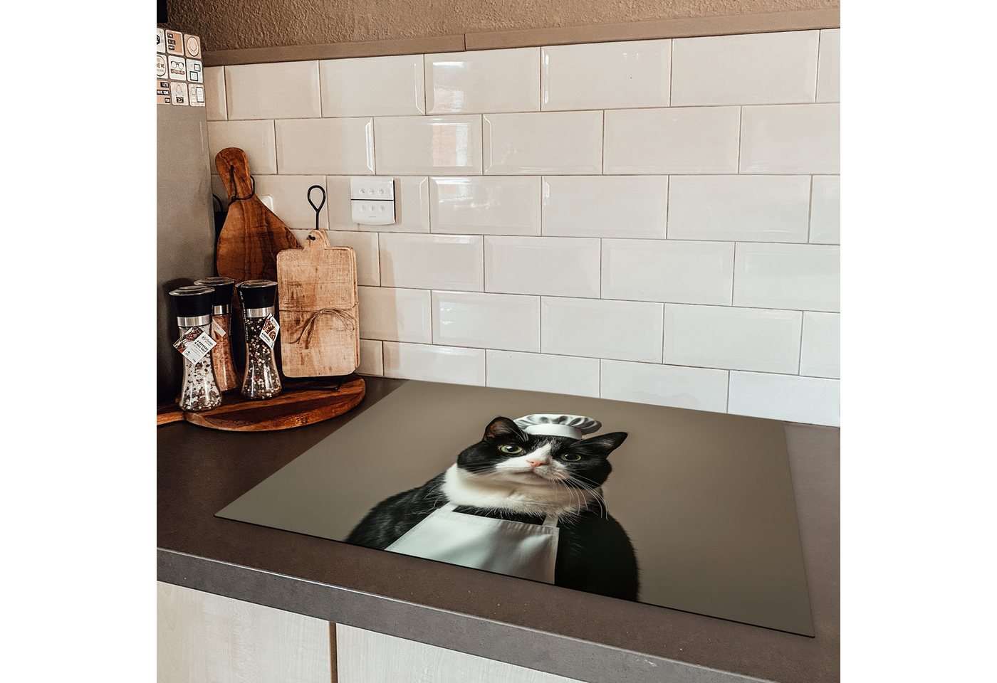 MuchoWow Herd-Abdeckplatte Katze - Kochkleidung - Schwarz - Weiß, Vinyl, (1 tlg), Küche Herdabdeckung Ceranfeld Induktionsfeld Vinyl, 65x50 cm Bild 2