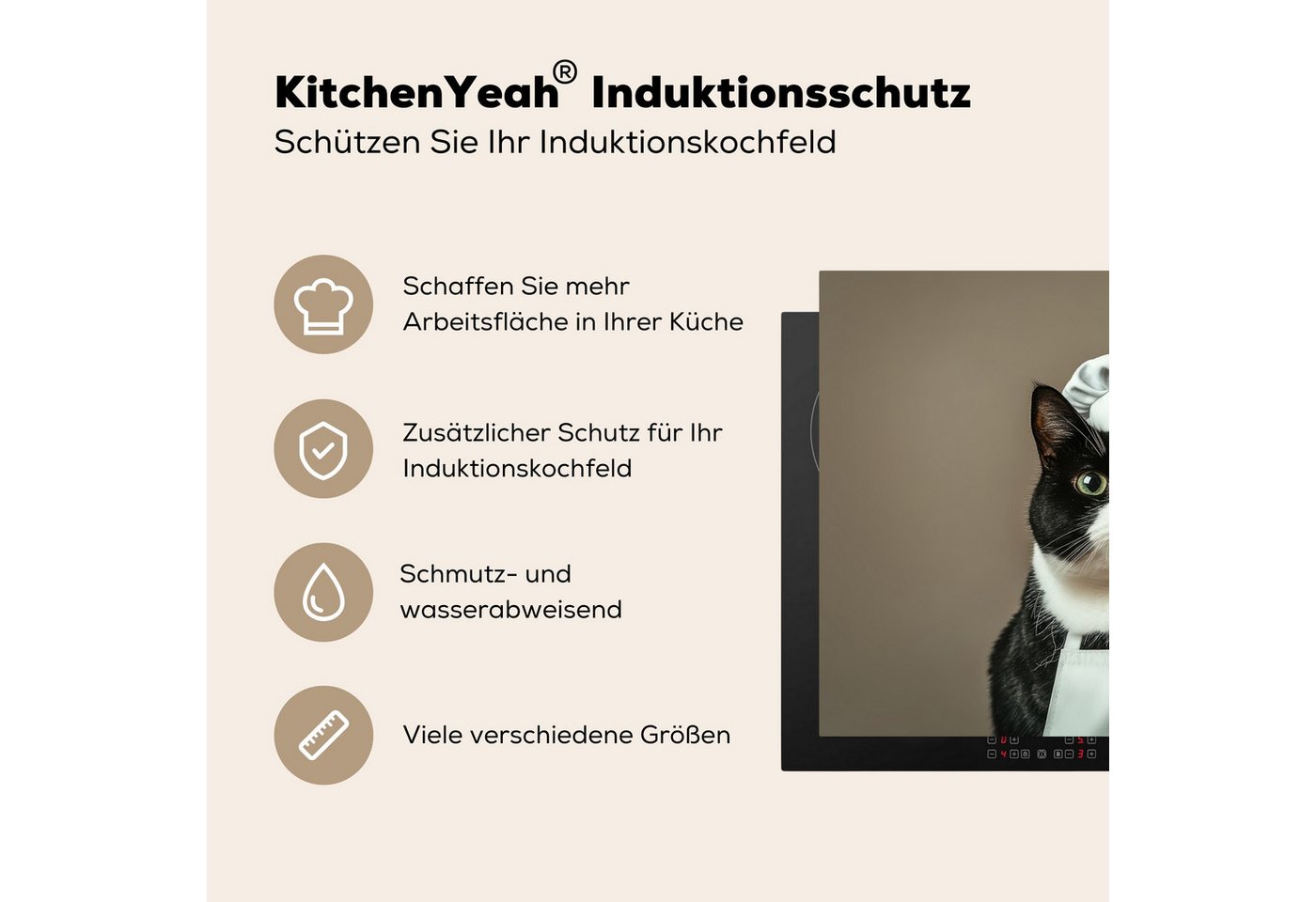 MuchoWow Herd-Abdeckplatte Katze - Kochkleidung - Schwarz - Weiß, Vinyl, (1 tlg), Küche Herdabdeckung Ceranfeld Induktionsfeld Vinyl, 65x50 cm Bild 4