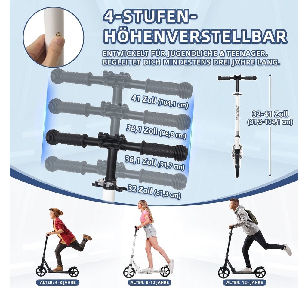 Nattork Scooter Klappbarer Kickscooter für Kinder und Erwachsene, bis 100 kg Traglast, (1 tlg), Stabiler Tretroller mit höhenverstellbarem Lenker, 8-Zoll PU-Rädern