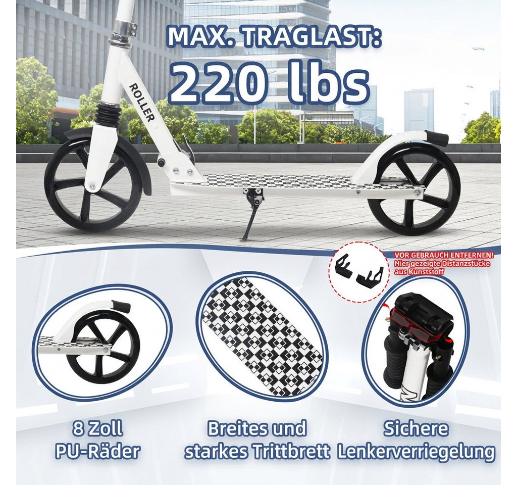 Nattork Scooter Klappbarer Kickscooter für Kinder und Erwachsene, bis 100 kg Traglast, (1 tlg), Stabiler Tretroller mit höhenverstellbarem Lenker, 8-Zoll PU-Rädern Bild 5