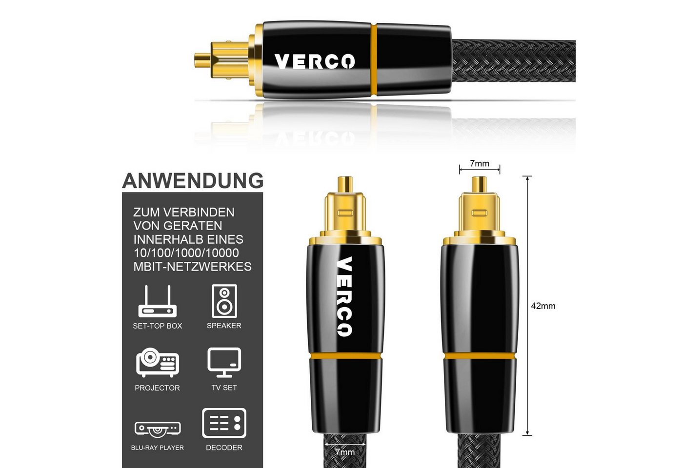 VERCO Digital Audio HiFi Kabel SPDIF LWL Optisches-Kabel, Toslink, (150 cm), F05 Standard Stecker Dolby TrueHD Dolby Digital 7.1 DTS kompatibel