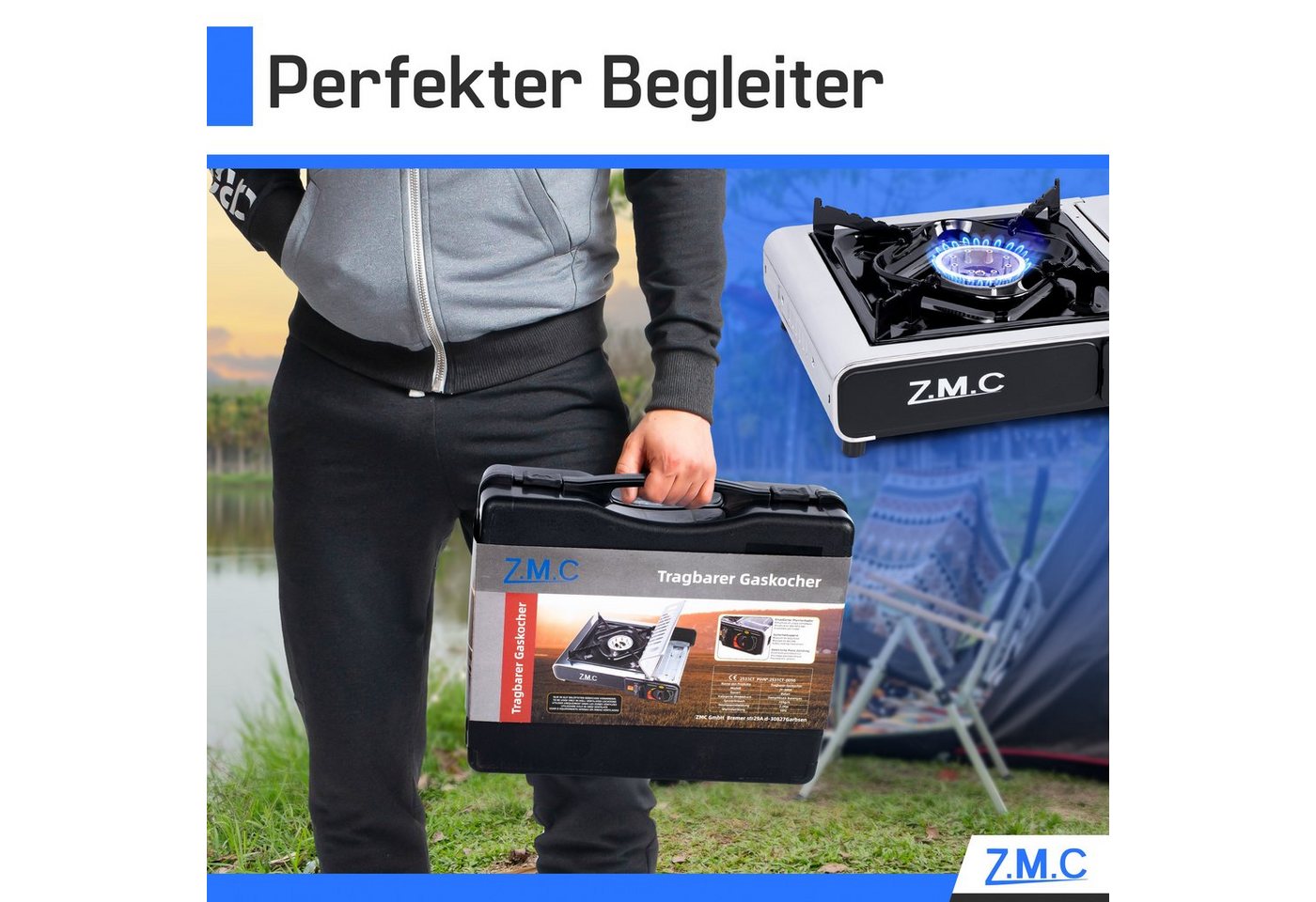 ZMC Gaskocher Edelstahl Gaskocher 1-flammig + Aufbewahrungskoffer + 24 Gaskartuschen, (Butangas Campingkocher für Innenraum/Outdoor, Campinggaskocher 2,2 kW mit Piezozündung, Piezozündung), Kochfeld Herd Gaskocher mit Kartusche, Gaskochfeld für Camping