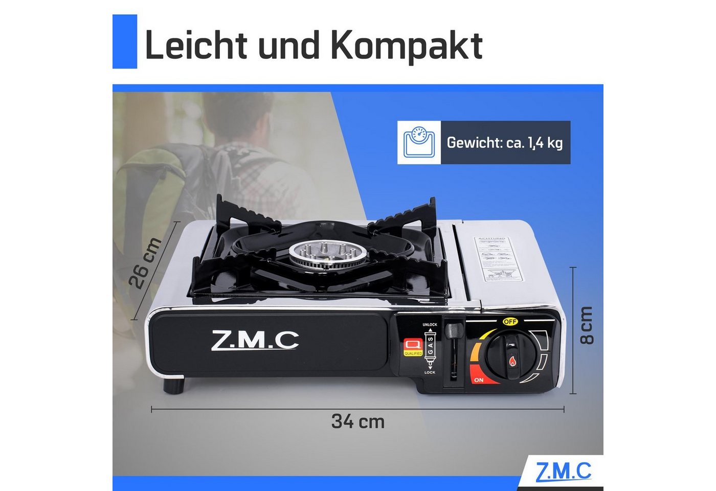 ZMC Gaskocher Edelstahl Gaskocher 1-flammig + Aufbewahrungskoffer + 24 Gaskartuschen, (Butangas Campingkocher für Innenraum/Outdoor, Campinggaskocher 2,2 kW mit Piezozündung, Piezozündung), Kochfeld Herd Gaskocher mit Kartusche, Gaskochfeld für Camping Bild 2
