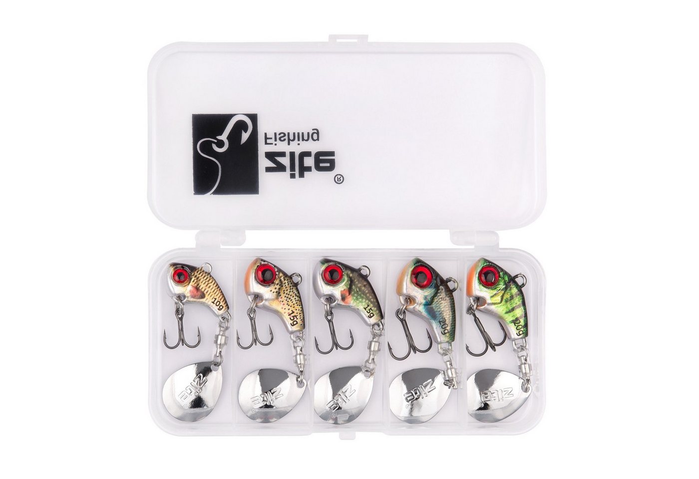 Zite Kunstköder Jigspinner Set 10-20g Neon & Natur Barschköder 5 Stück mit Tackle-Box Bild 2