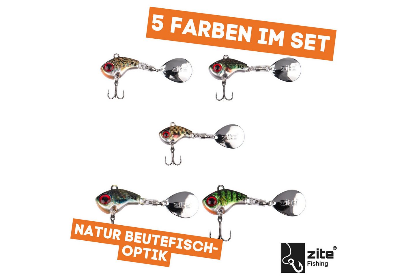Zite Kunstköder Jigspinner Set 10-20g Neon & Natur Barschköder 5 Stück mit Tackle-Box Bild 5