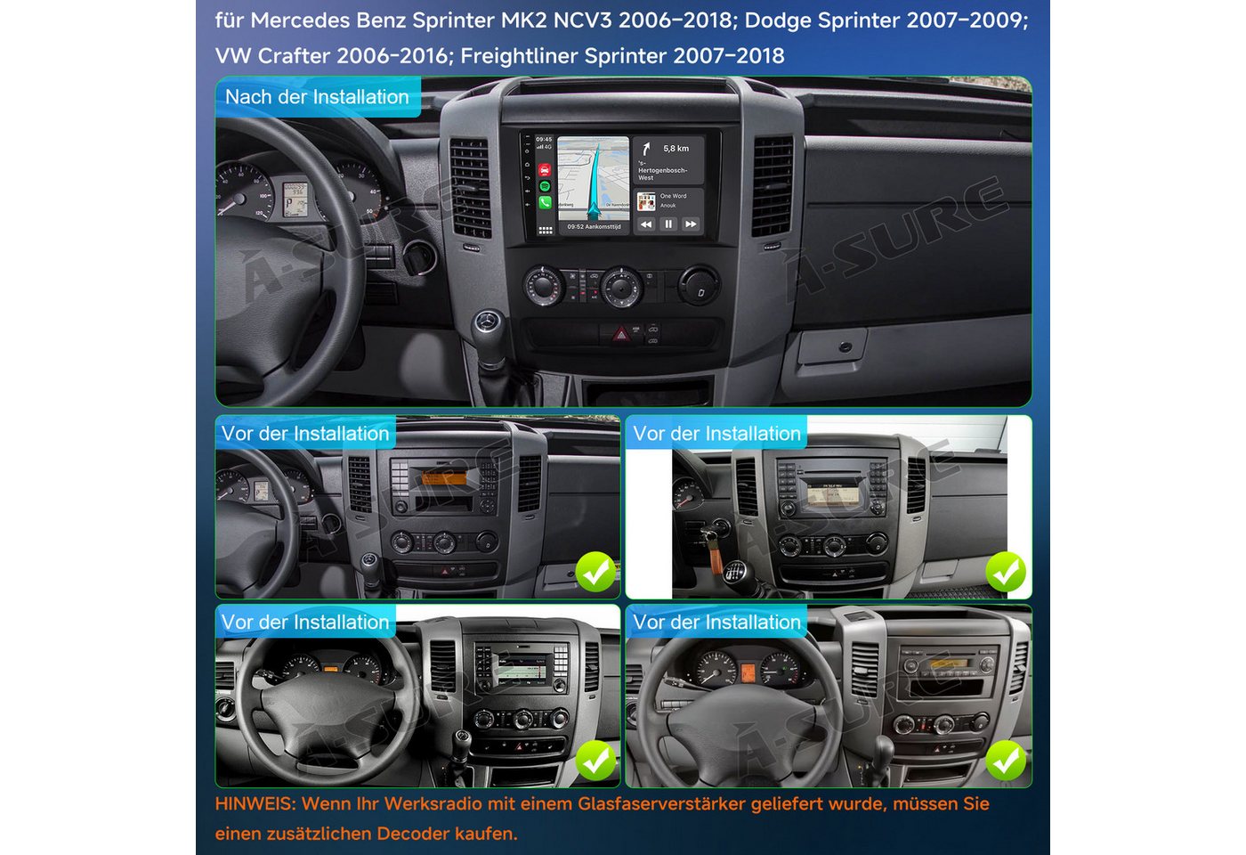 A-Sure 4/8 Core Android 15 Carplay Für Mercedes Benz Sprinter B906 2006-2016 Autoradio (DSP, RDS, Digitalradio (DAB), FM, AM)