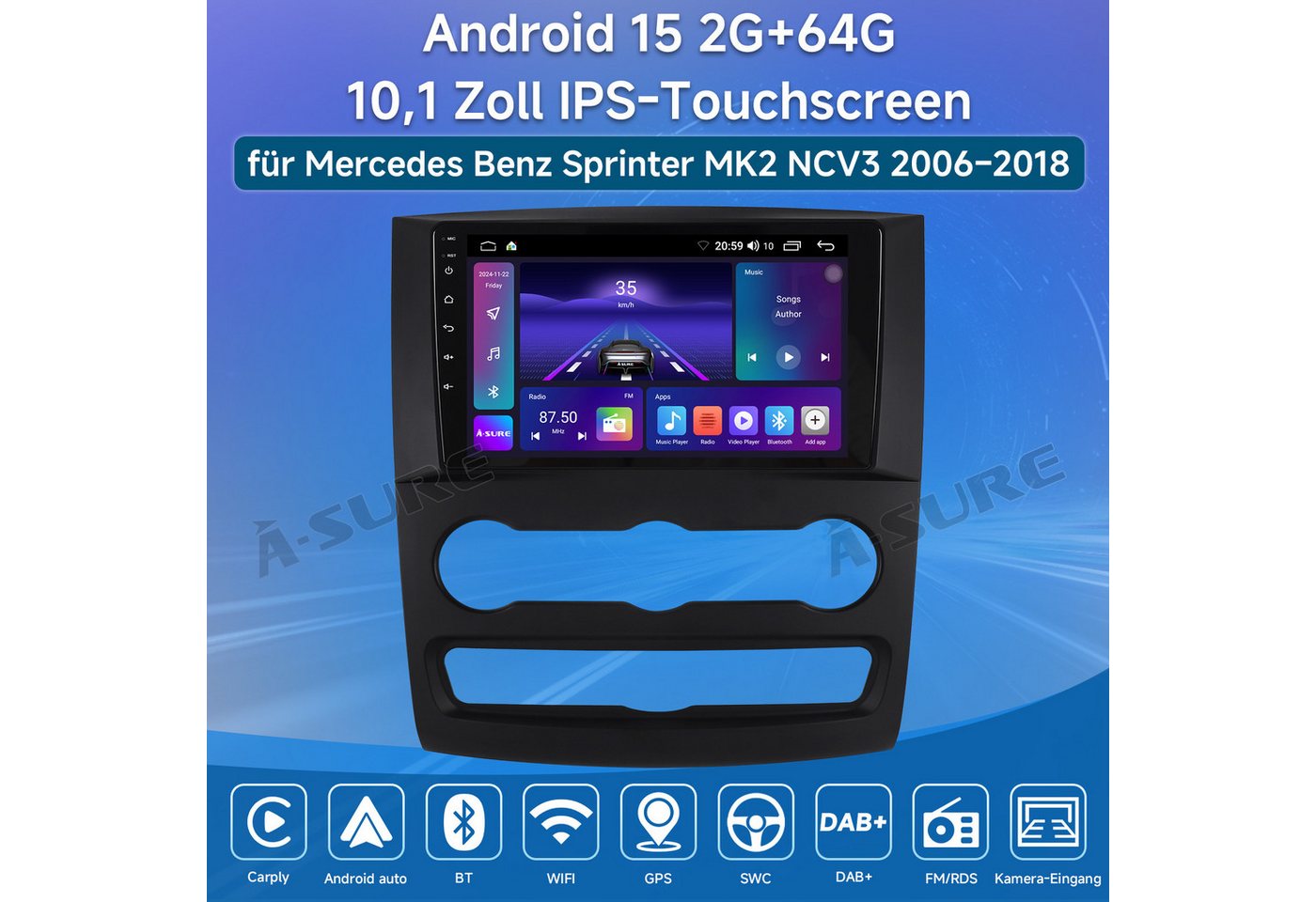 A-Sure 4/8 Core Android 15 Carplay Für Mercedes Benz Sprinter B906 2006-2016 Autoradio (DSP, RDS, Digitalradio (DAB), FM, AM) Bild 5