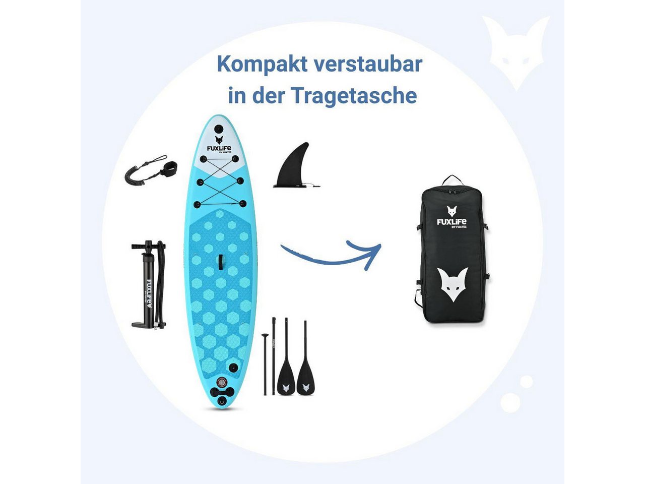 FUXLIFE SUP-Board FX-SUP320D1, Aufblasbar, (3 Finnen,Paddel,Pumpe,Tragetasche,Sicherheitsleine,Actioncam-Halterung) Bild 4