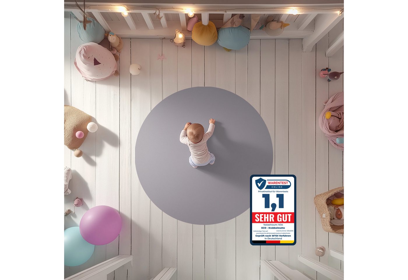 Eco Krabbelmatte Spielmatte Rund (120x120cm, Hellgrau), Öko-Tex 100 zertifiziert, komplett in Deutschland hergestellt Bild 3