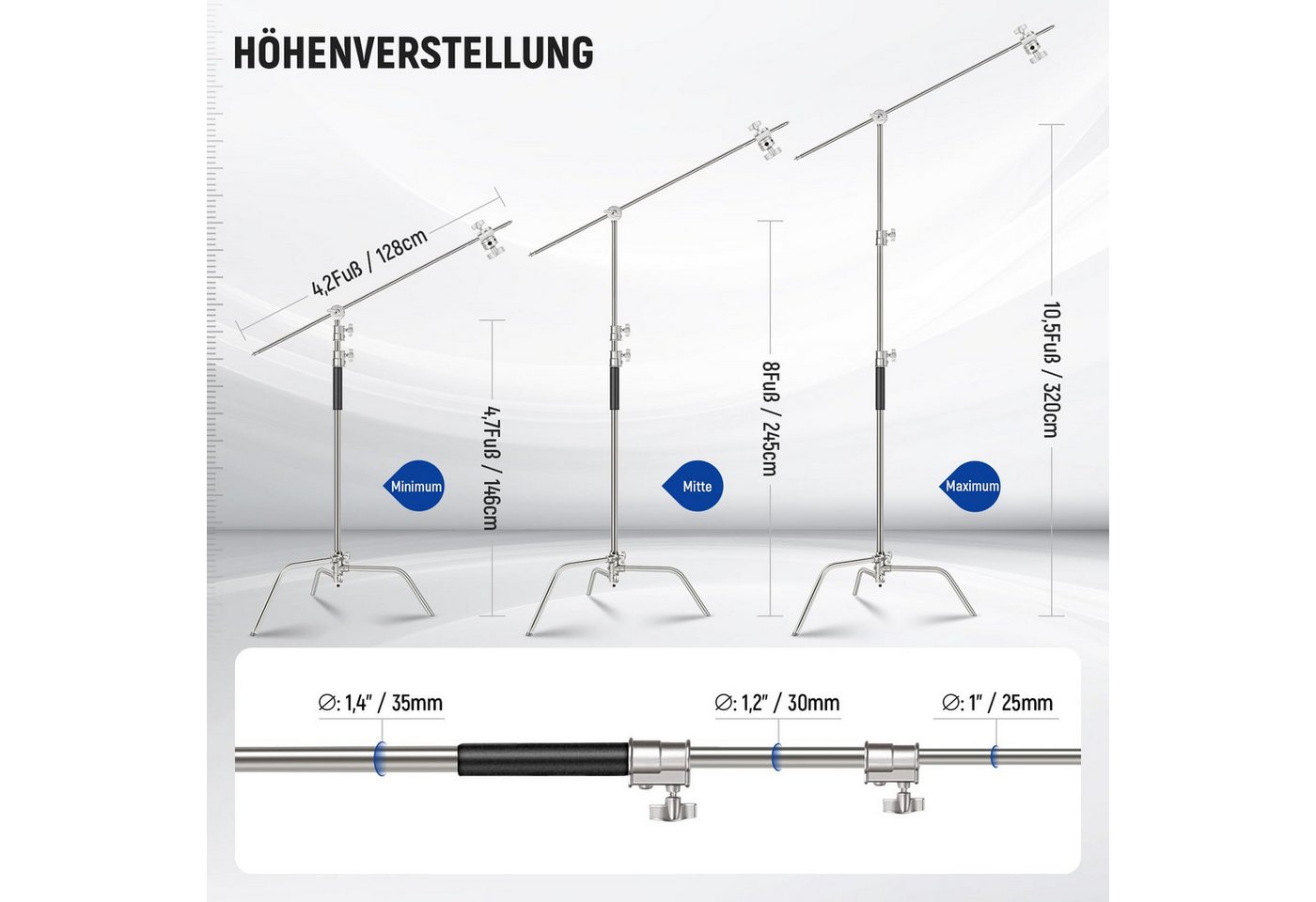 Neewer 100% Edelstahl Heavy Duty C Ständer mit Arm, SC320 Lite Lampenstativ (320cm Fotografie Lichtstativ, 128cm Trag Boom Arm, 2 Griff Köpfe)