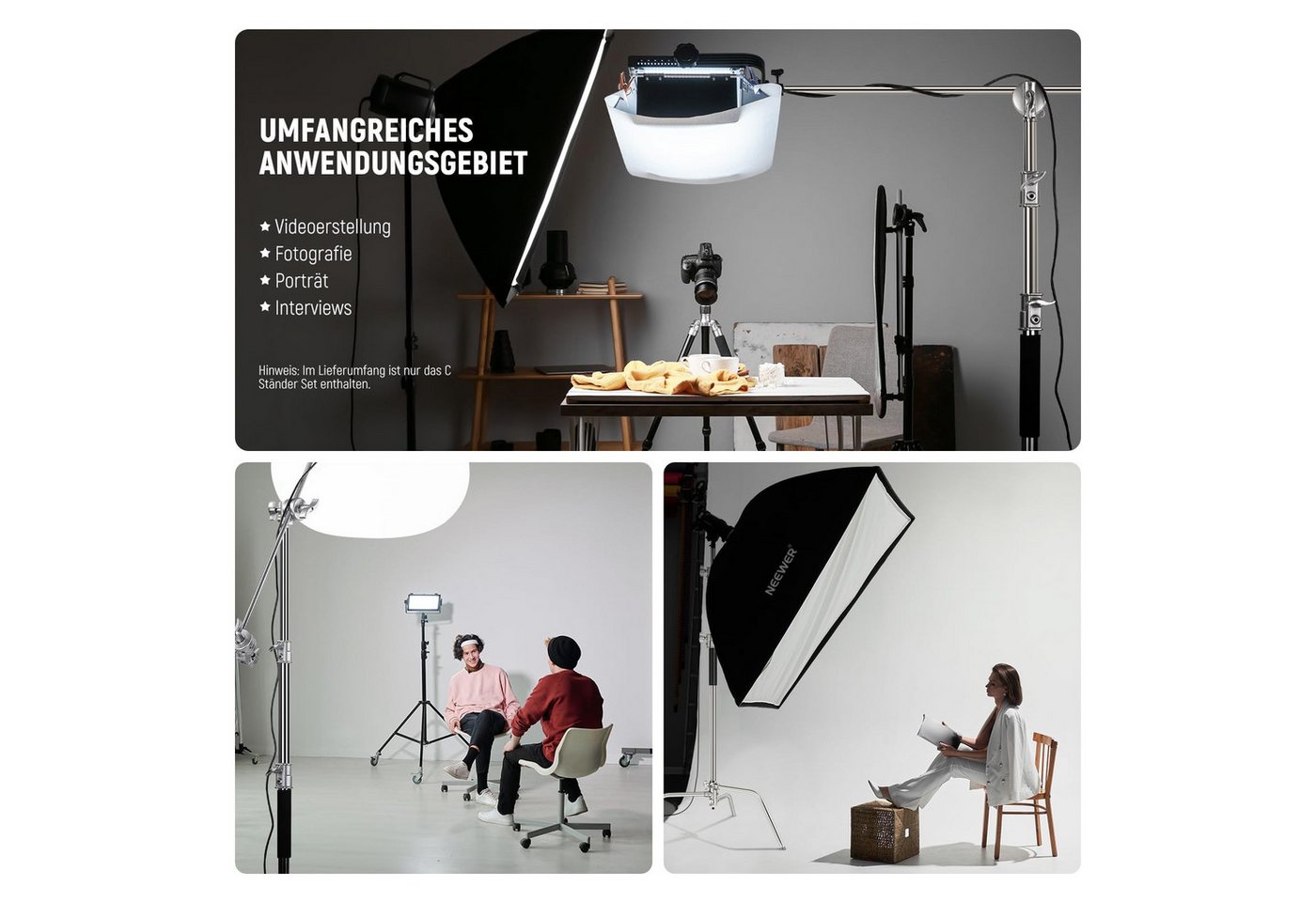 Neewer 100% Edelstahl Heavy Duty C Ständer mit Arm, SC320 Lite Lampenstativ (320cm Fotografie Lichtstativ, 128cm Trag Boom Arm, 2 Griff Köpfe) Bild 2