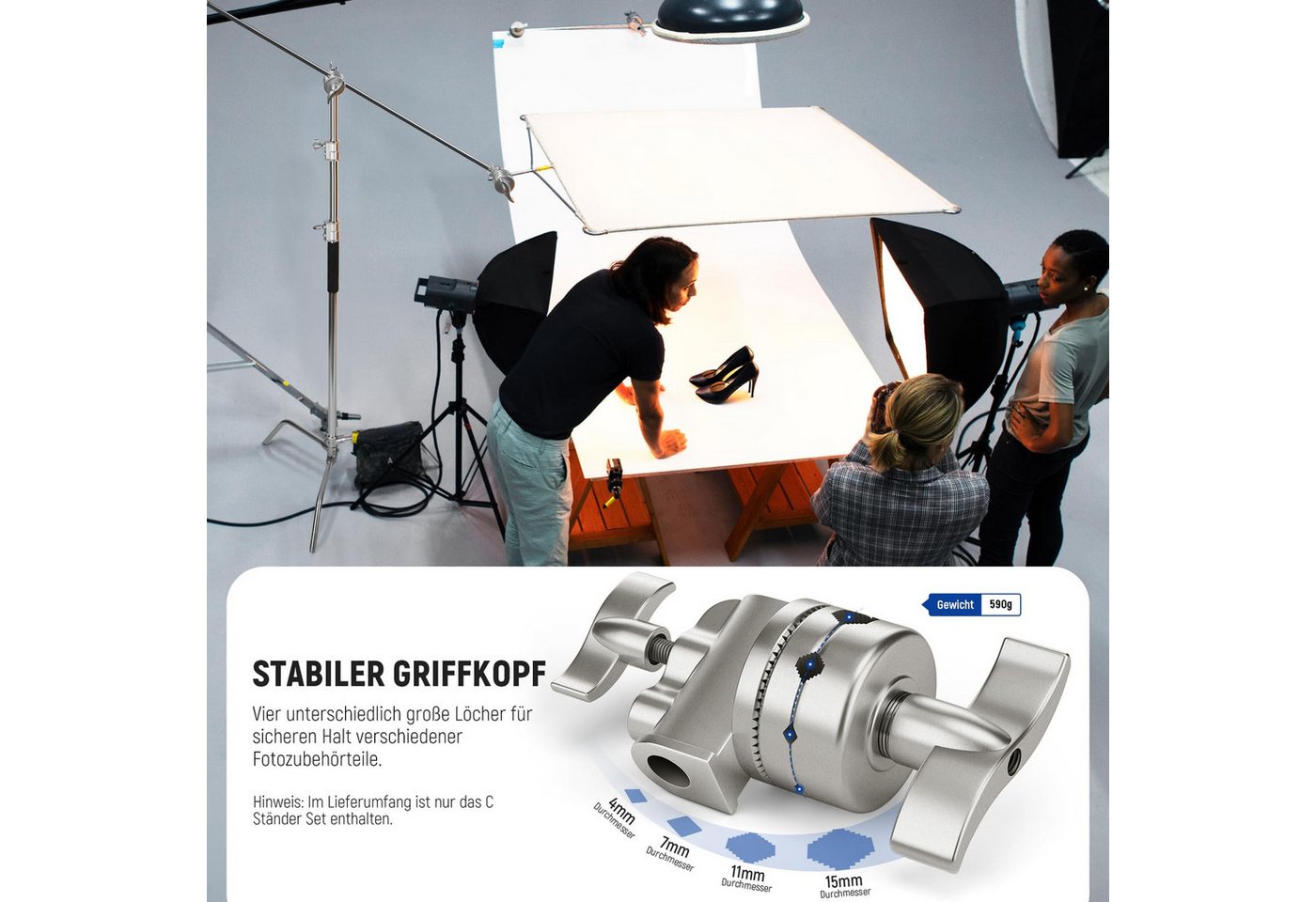 Neewer 100% Edelstahl Heavy Duty C Ständer mit Arm, SC320 Lite Lampenstativ (320cm Fotografie Lichtstativ, 128cm Trag Boom Arm, 2 Griff Köpfe) Bild 3