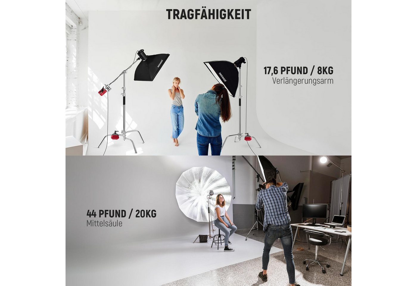 Neewer 100% Edelstahl Heavy Duty C Ständer mit Arm, SC320 Lite Lampenstativ (320cm Fotografie Lichtstativ, 128cm Trag Boom Arm, 2 Griff Köpfe) Bild 4