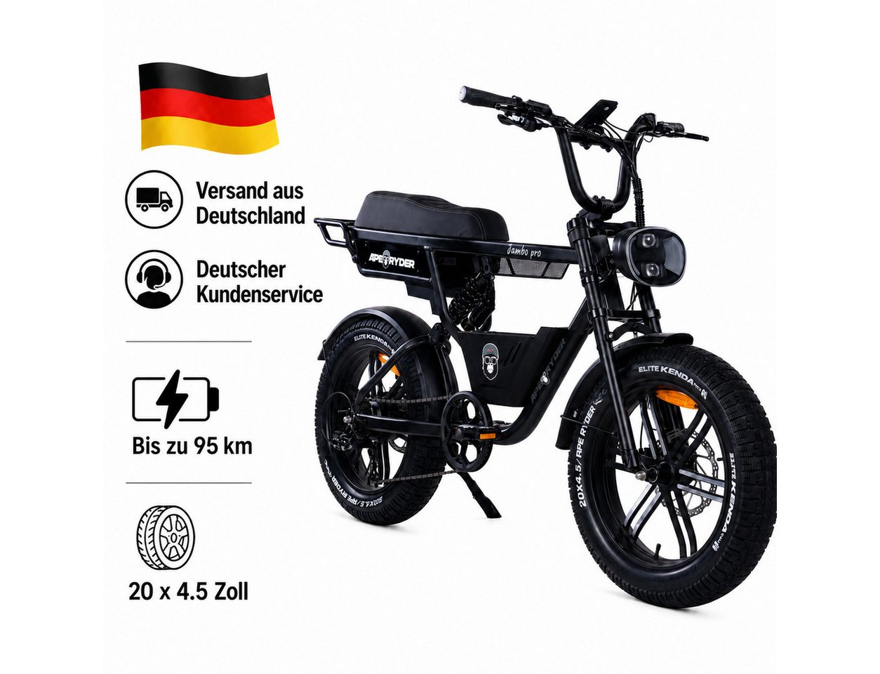 APE RYDER E-Bike Mountainbike Jambo Pro 20 Zoll Fatbike, 250 W Motor 48 V 13 Ah Akku, bis 95 km, 7 Gang, Heckmotor, 624 Wh, (Packung), Shimano 7-Gang, hydraulische Scheibenbremsen Bild 3