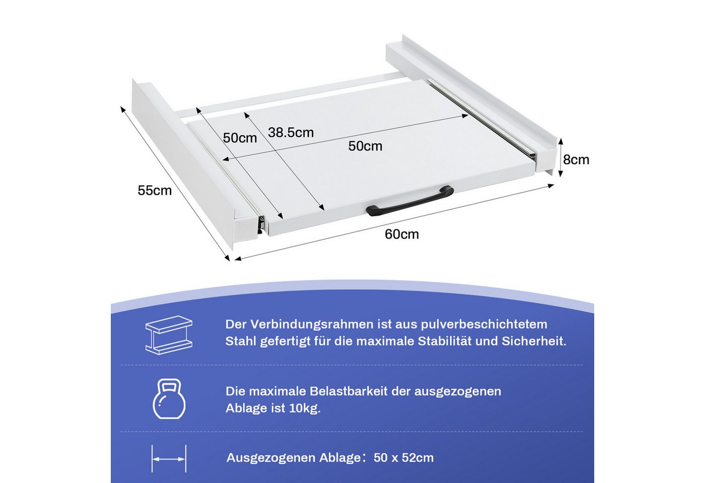 XIIW Zwischenbaurahmen Verbindungsrahmen für Waschmaschine Trockner 60x55cm mit Ausziehplatte (Stahl Zwischenbausatz mit Abstellfläche), Auszug als Ablage für Wäschekorb Bild 5