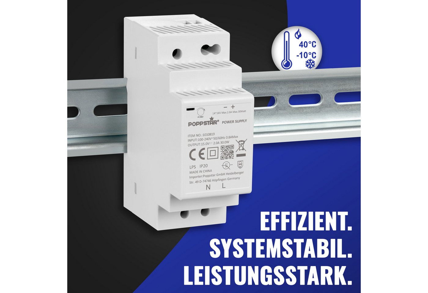Poppstar DIN-Rail Netzteil 15V 2A 30W Hutschienen-Netzteil (15 V Klingeltrafo IP20 mit Kurzschluss-Schutz und Überspannungs-Schutz)