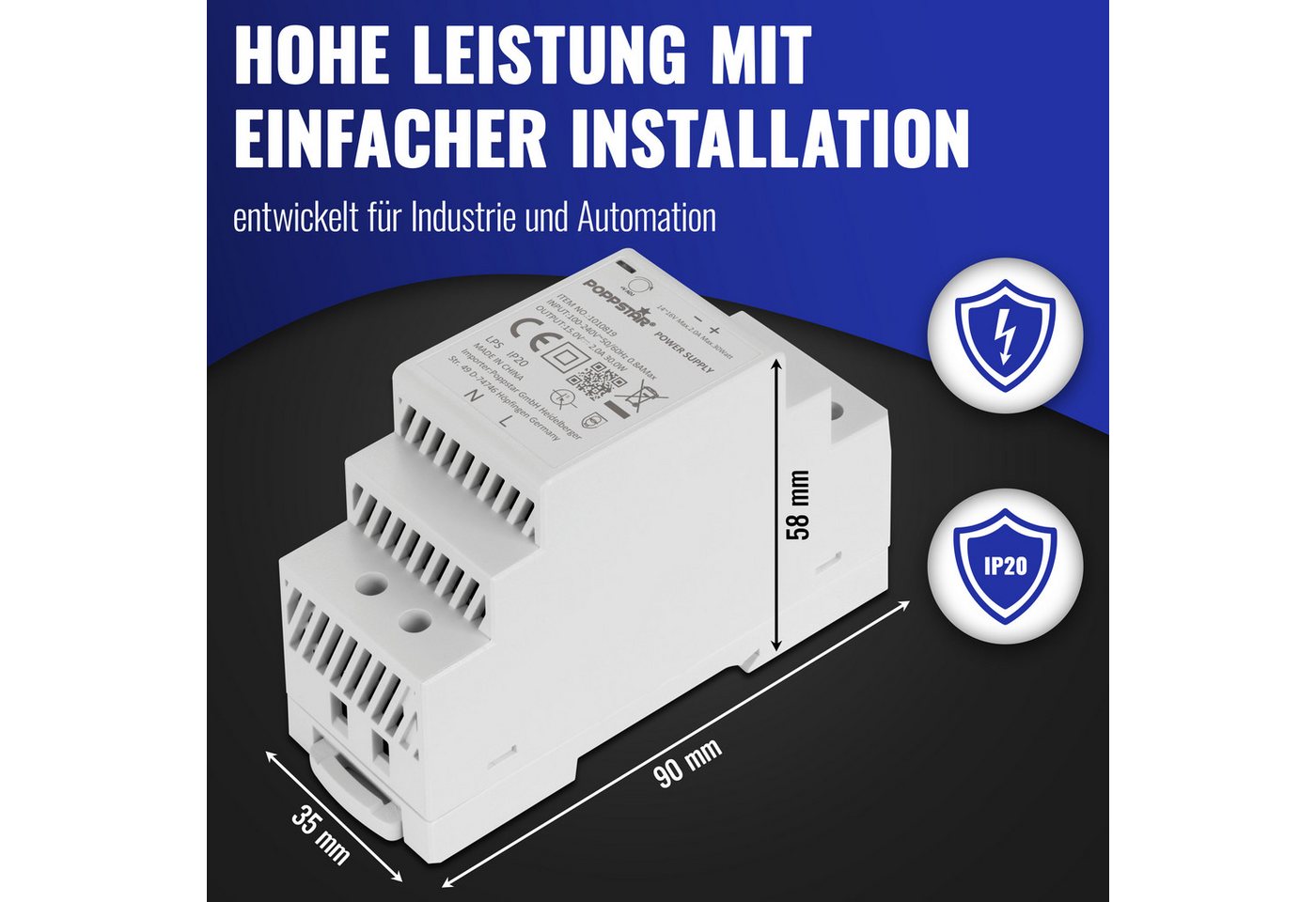Poppstar DIN-Rail Netzteil 15V 2A 30W Hutschienen-Netzteil (15 V Klingeltrafo IP20 mit Kurzschluss-Schutz und Überspannungs-Schutz) Bild 2