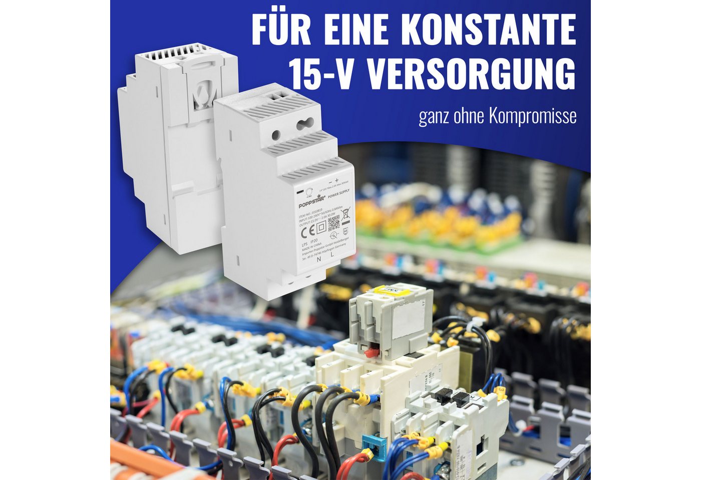 Poppstar DIN-Rail Netzteil 15V 2A 30W Hutschienen-Netzteil (15 V Klingeltrafo IP20 mit Kurzschluss-Schutz und Überspannungs-Schutz) Bild 3