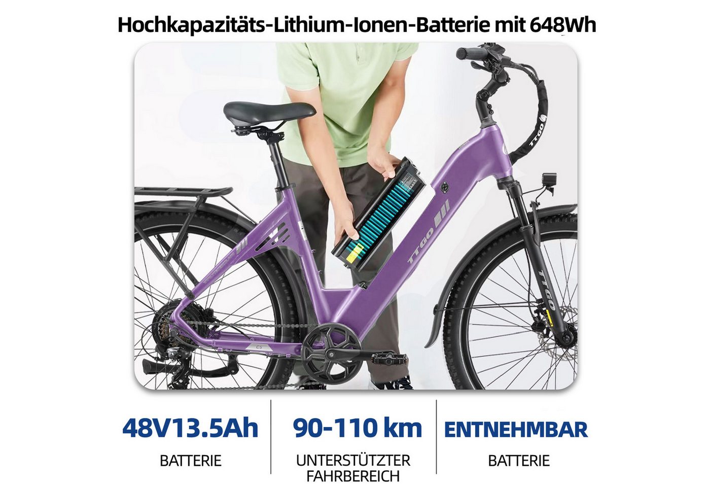 TTGO E-Bike Cityrad 28x2,4 Zoll, 110km, ZOOM Federsattelstütze, 70 Nm Hinterradmotor, C5, 7 Gang Shimano, Kettenschaltung, Heckmotor, 648 Wh, Tiefeinstieg, Pedelec, Elektrofahrrad, für Damen Herren, Hydr. Bremse Bild 3