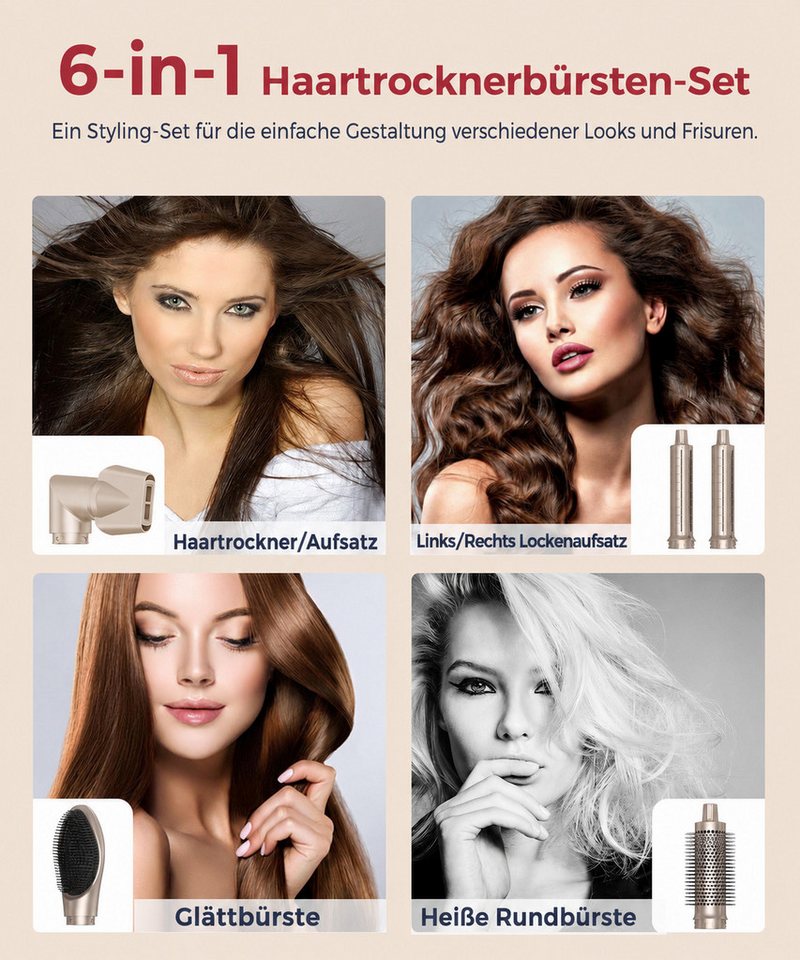 UKLISS Multihaarstyler 6-in-1 Haartrocknerbürsten-Set, 1400 W Ionen-Haartrockner, Hochgeschwindigkeits-Styler mit 110.000 U/min und Luftlockenstab Bild 4