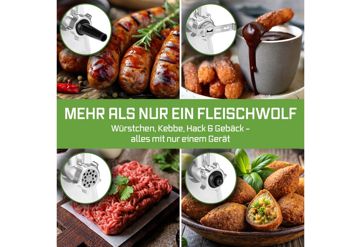 KOCHWERK Fleischwolf mit verschiedenen Aufsätzen, verarbeitet bis zu 2000g/min, 1600 W, für Hackfleisch, Kibbeh, Wurst & mehr, leichte Bedienung und Reinigung