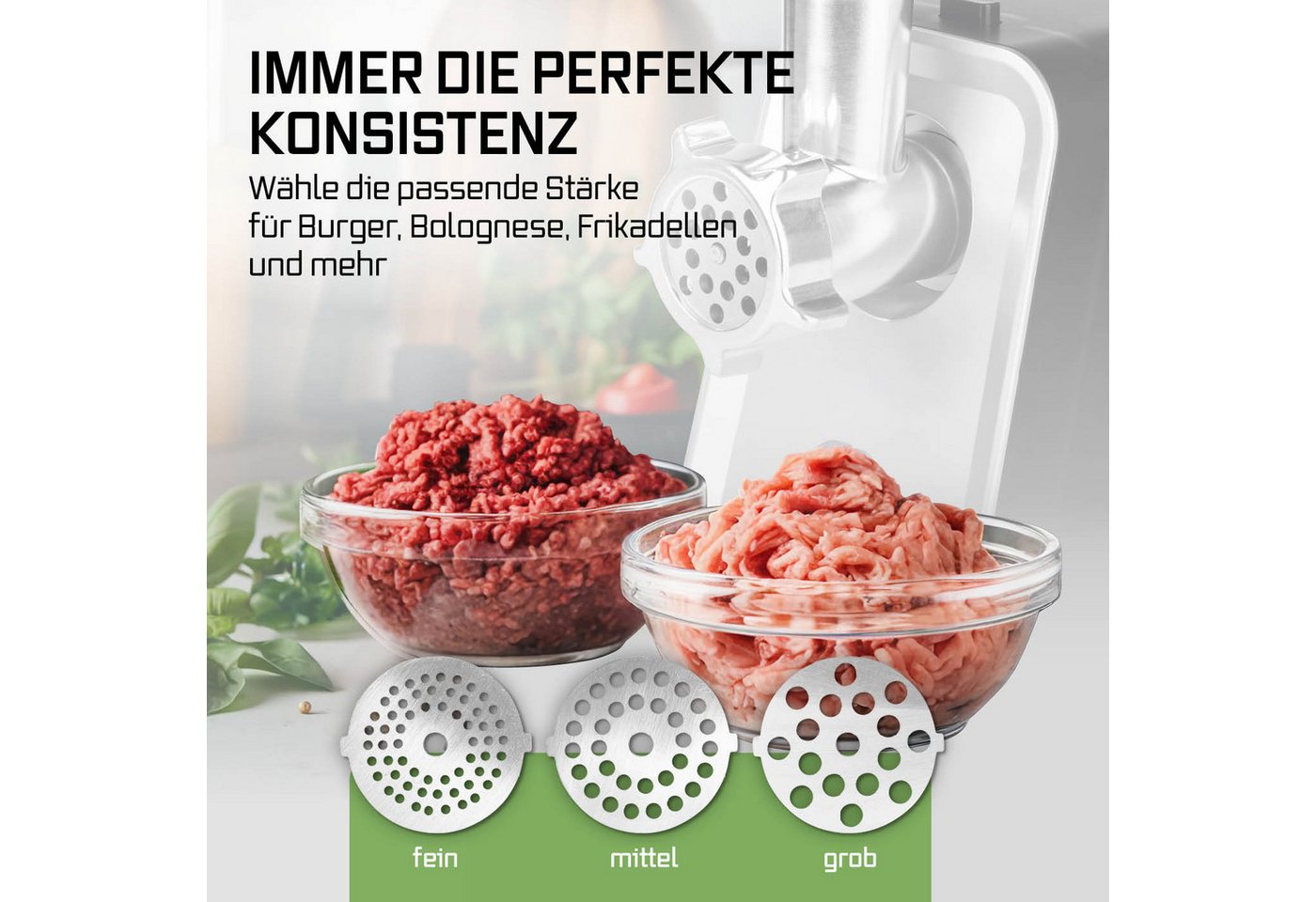 KOCHWERK Fleischwolf mit verschiedenen Aufsätzen, verarbeitet bis zu 2000g/min, 1600 W, für Hackfleisch, Kibbeh, Wurst & mehr, leichte Bedienung und Reinigung Bild 2