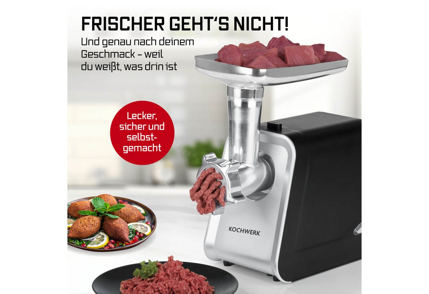 KOCHWERK Fleischwolf mit verschiedenen Aufsätzen, verarbeitet bis zu 2000g/min, 1600 W, für Hackfleisch, Kibbeh, Wurst & mehr, leichte Bedienung und Reinigung Bild 3