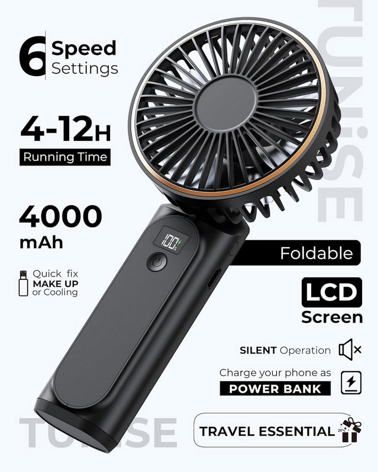 FELIXLEO Handventilator Tragbarer Mini Ventilator 4000mAh LED Display 180 Grad 6 Gaenge Bild 2