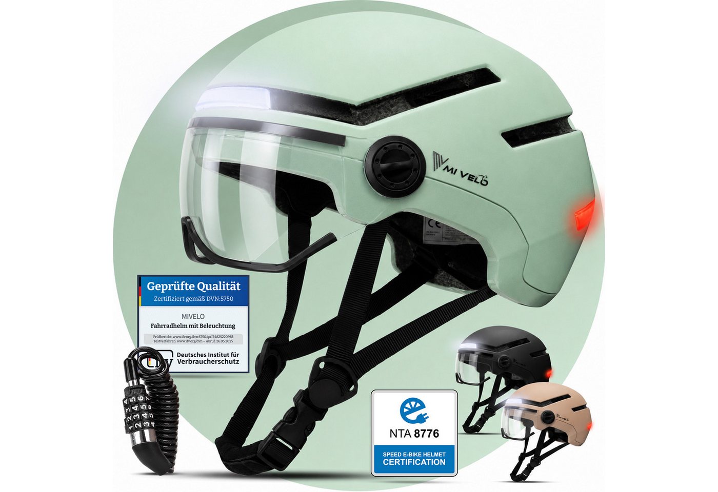 MIVELO Fahrradhelm NOVA - mit Licht vorne & hinten und Visier für Damen und Herren, 360° Beleuchtung, 24 Monate Crash-Ersatz-Garantie