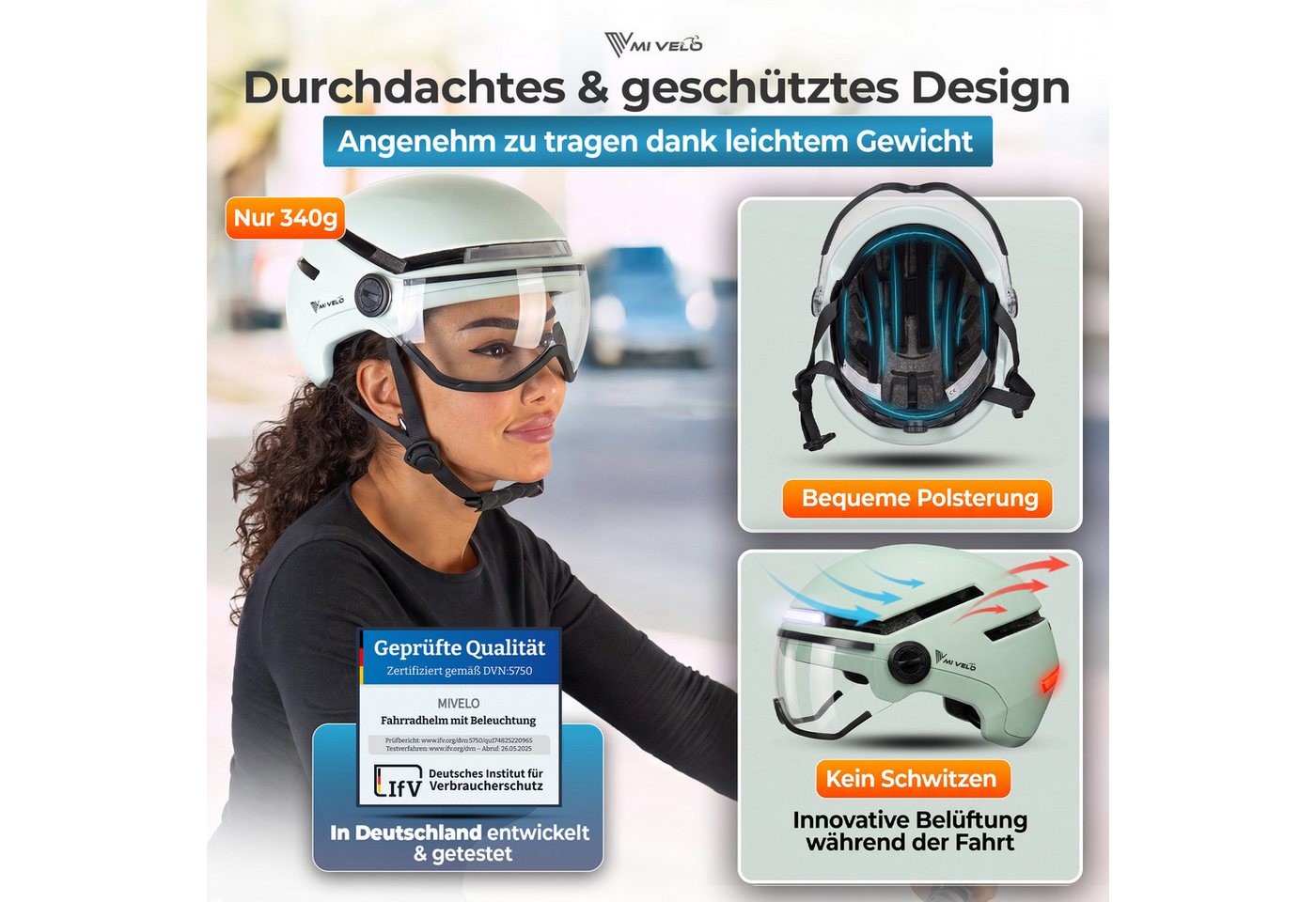 MIVELO Fahrradhelm NOVA - mit Licht vorne & hinten und Visier für Damen und Herren, 360° Beleuchtung, 24 Monate Crash-Ersatz-Garantie Bild 2