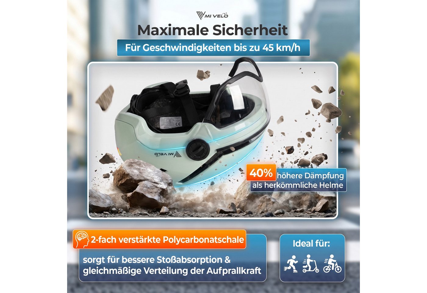 MIVELO Fahrradhelm NOVA - mit Licht vorne & hinten und Visier für Damen und Herren, 360° Beleuchtung, 24 Monate Crash-Ersatz-Garantie Bild 4