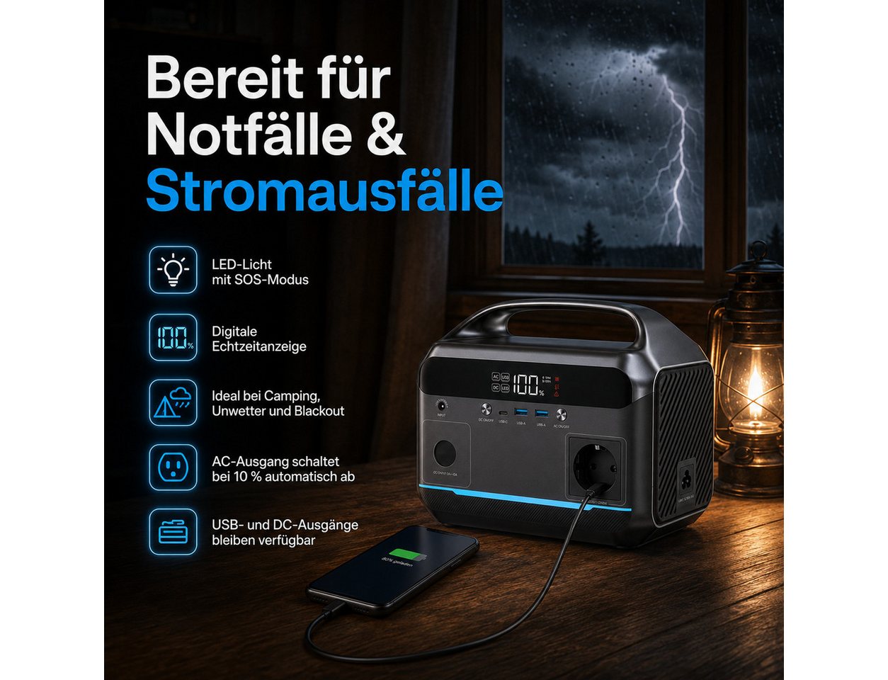 Goldstern-Tech Powerstation 288Wh Powerstation, 600W Ausgangsleistung, USB-C & Solarladung (12V - 28V V), Tragbare Powerstation 288Wh Akku, USB-C, Solarladung, LED-Licht 3,9 kg Bild 2