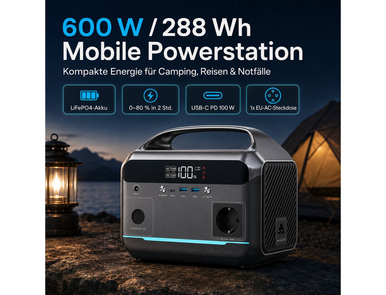 Goldstern-Tech Powerstation 288Wh Powerstation, 600W Ausgangsleistung, USB-C & Solarladung (12V - 28V V), Tragbare Powerstation 288Wh Akku, USB-C, Solarladung, LED-Licht 3,9 kg Bild 4