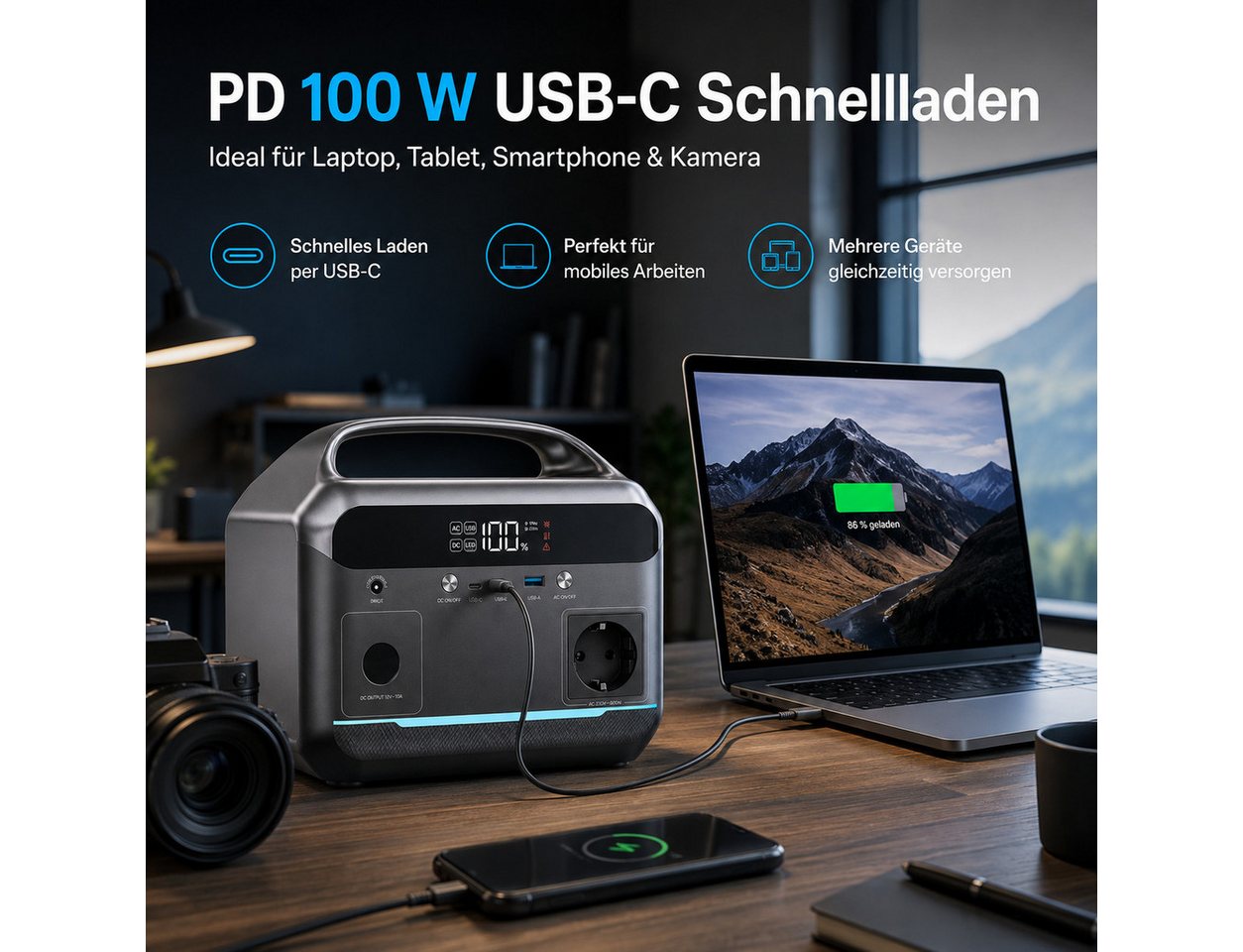 Goldstern-Tech Powerstation 288Wh Powerstation, 600W Ausgangsleistung, USB-C & Solarladung (12V - 28V V), Tragbare Powerstation 288Wh Akku, USB-C, Solarladung, LED-Licht 3,9 kg Bild 5