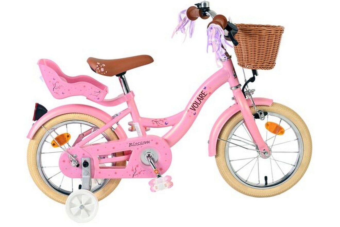 Volare Kinderfahrrad Blossom Mädchen 14 Zoll Rosa – mit Puppensitz & Stützrädern, 5–5 Jahre