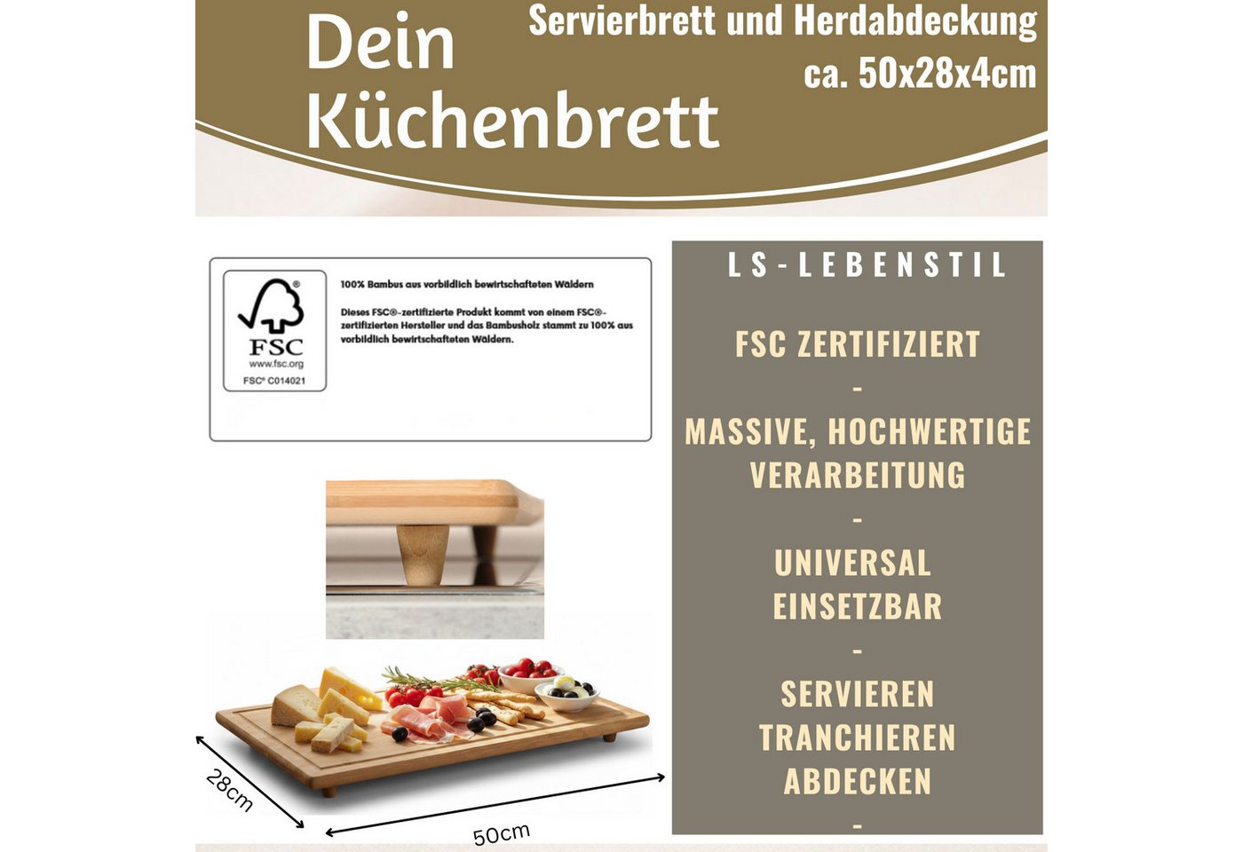 LS-LebenStil Schneide- und Abdeckplatte XL Holz Schneidebrett Herdabdeckplatte 50x28cm Bambus Küchenbrett Holz, Holz, (Tranchierbrett mit Saftrinne, Küchenbrett Holzbrett Servierbrett, 1 tlg., Schneideplatte Kochfeld Ceranfeld Herdabdeckplatte), FSC Bambus Bild 4