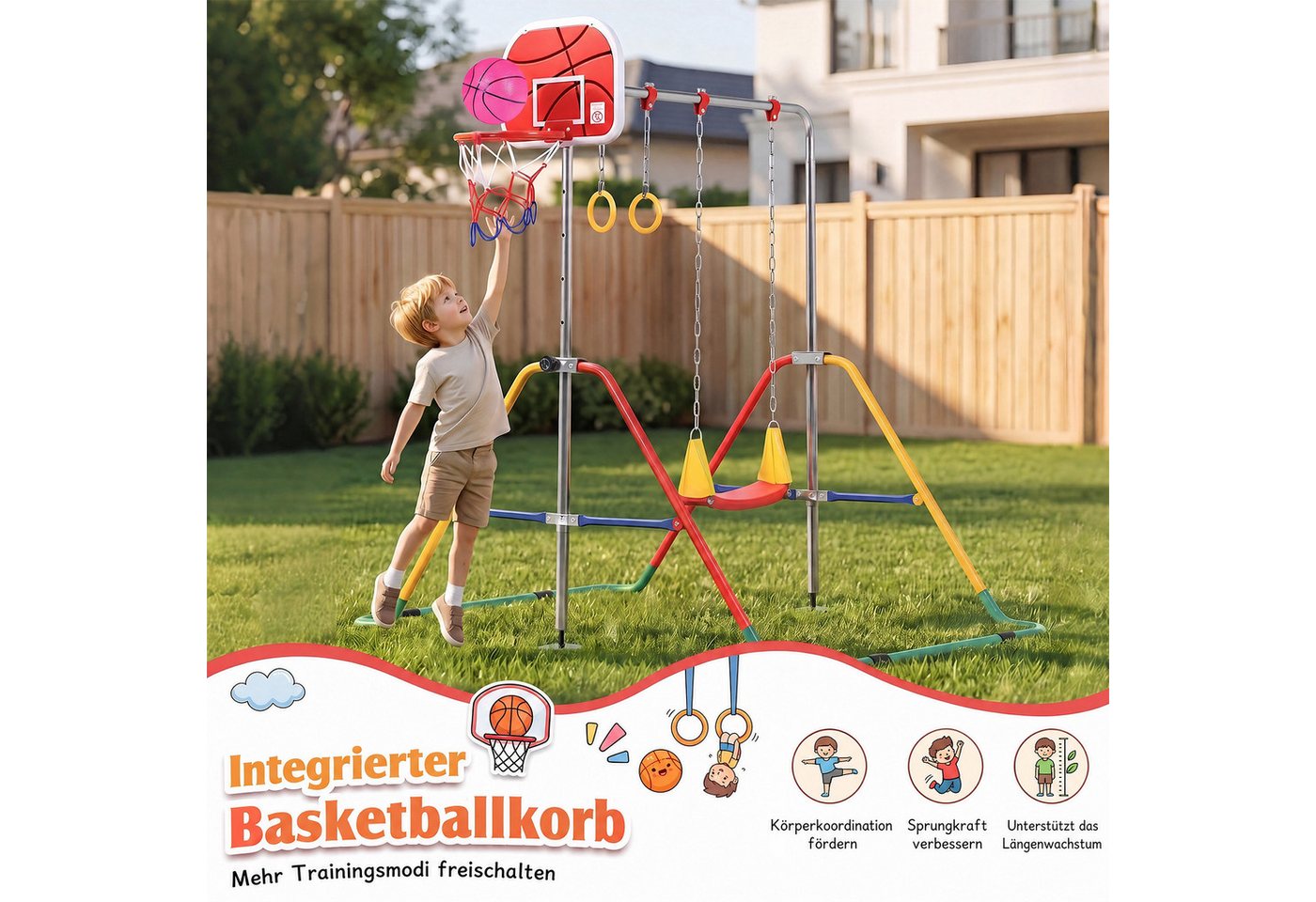 Hausright Turnreck Gymnastikstange Kinder Faltbare Höhenverstellbares Reckstange, (Gymnastikstange, Schaukel, Turnringen & Basketballkorb), Turnreck Indoor Outdoor Horizontale Training Bar Trainingsgeräte