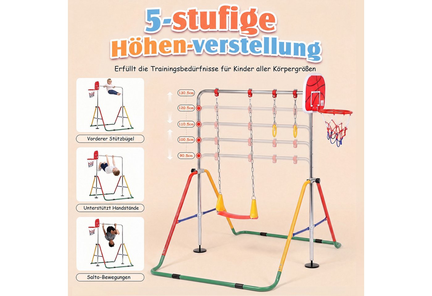 Hausright Turnreck Gymnastikstange Kinder Faltbare Höhenverstellbares Reckstange, (Gymnastikstange, Schaukel, Turnringen & Basketballkorb), Turnreck Indoor Outdoor Horizontale Training Bar Trainingsgeräte Bild 2