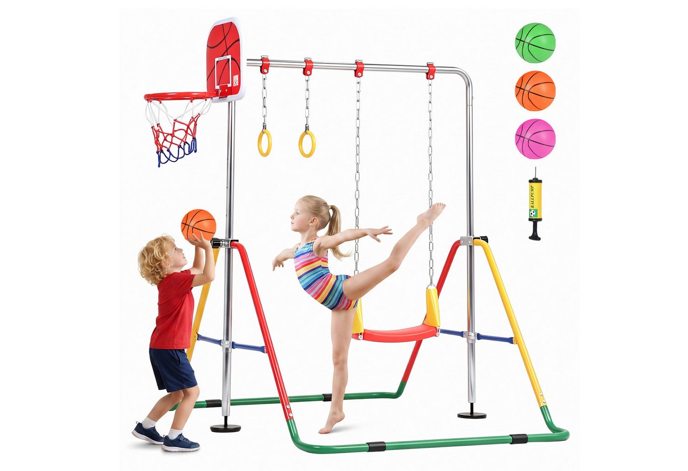 Hausright Turnreck Gymnastikstange Kinder Faltbare Höhenverstellbares Reckstange, (Gymnastikstange, Schaukel, Turnringen & Basketballkorb), Turnreck Indoor Outdoor Horizontale Training Bar Trainingsgeräte Bild 3