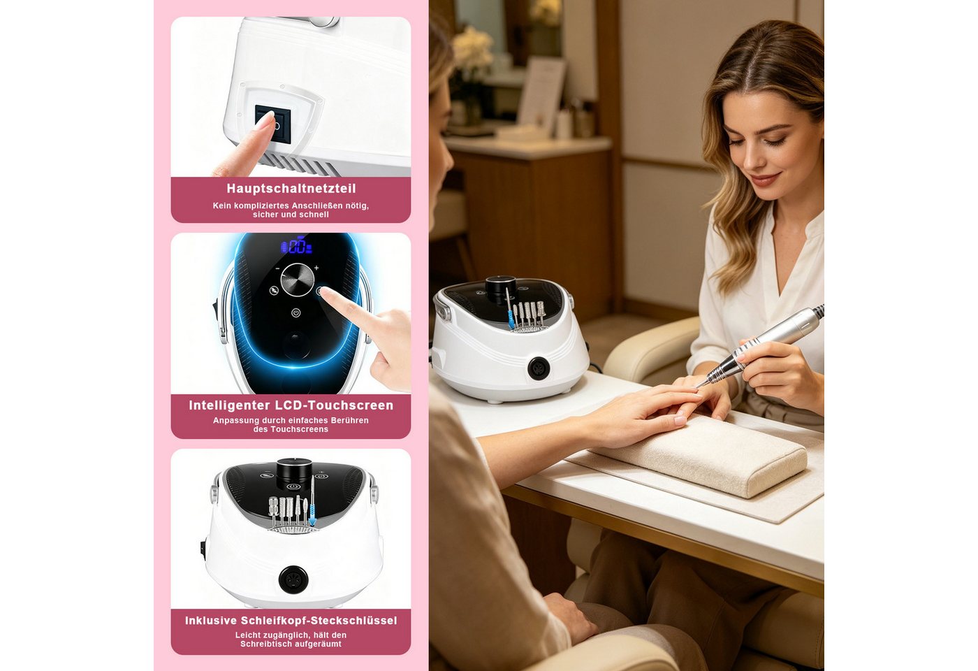 AKKEE Maniküre-Pediküre-Set Elektrischer Nagelfräser Nagelfeile Set LED-Displays und Touchscreens, Profi Nagelfräser, Fräser für Gelnägel, Fußpedal, 12 Zubehören Bild 4
