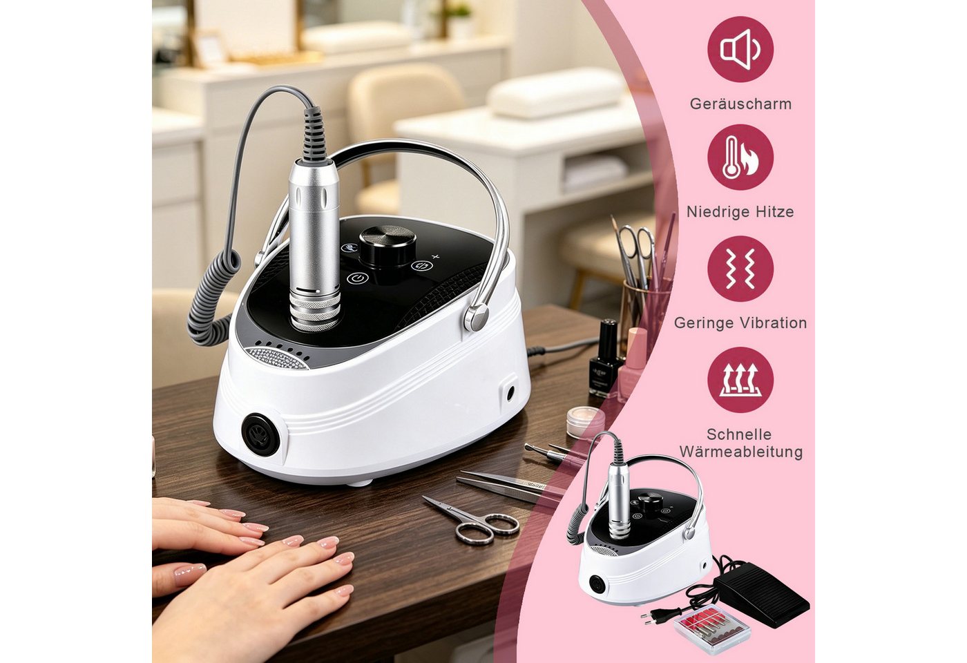 AKKEE Maniküre-Pediküre-Set Elektrischer Nagelfräser Nagelfeile Set LED-Displays und Touchscreens, Profi Nagelfräser, Fräser für Gelnägel, Fußpedal, 12 Zubehören Bild 5